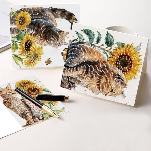 AiYuanzsh 6-Pack 5D Diamond Painting Greeting Cards with Envelopes, Cat Sunflower Pattern DIY Crystal Rhinestone Diamond Art Cards, Laser Effect Postcards for Birthday, Thank You, and Gift Giving - Image 6
