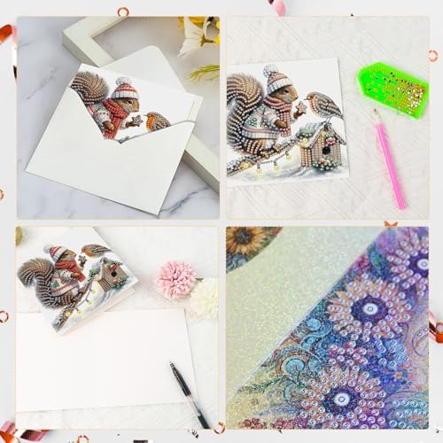 antor 6-Pack Squirrel Christmas Diamond Painting Cards – DIY Diamond Art Greeting Card Kit with Envelopes, Holiday Rhinestone Craft for Adults - Image 7