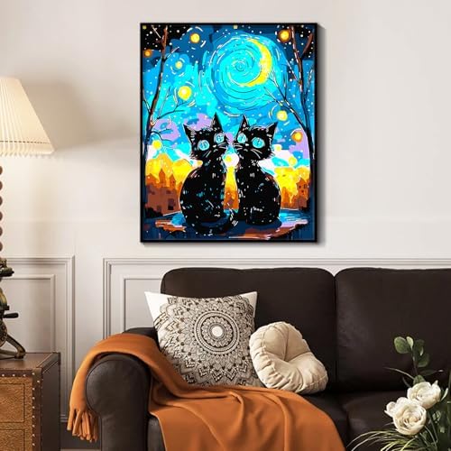 Yunnuo Paint by Numbers Kit for Adults Two Black Cat, Adult Paint by Number Kits Animals and Starry Night,DIY Paintwork with 3 Paintbrushes and Acrylic Paints,Perfect for Home Wall Decor 16x20 Inch - Image 3