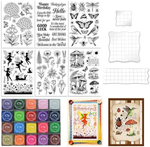 6Pcs Flower Clear Stamps for Card Making, Mushroom Silicone Stamps for Crafting & DIY Scrapbooking, Butterfly Journaling Decor,Flower Fairies,Birthday Words with Blessings by GLASSWINDS