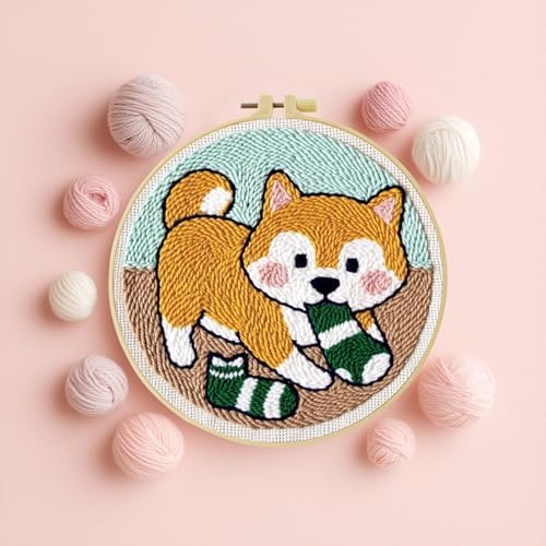 Punch Needle Embroidery Starter Kits for Beginners Cute Snow-White cat Curled up Comfortably on a Branch Adorned Embroidery Hoops,Color Threads,Instructions and Needles,DIY Adults Embroidery (Dog) by Unknown