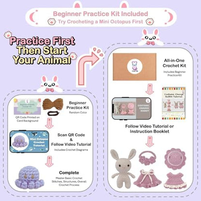 LoopMap Crochet Kit for Beginners – Amigurumi Crochet Animal Kit, Easy Starter Kit with Video Tutorial, Complete Crochet Kit with Extra Yarn, Gift for Adults & Teens (Bunny, Purple) - Image 5