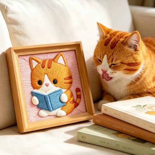 INFUNLY Cat Reading Punch Needle Kit for Beginners Book Cat Punch Needle Embroidery Kits for Adults DIY Punch-Stitching Kit with Instruction Threader Needles Square Frame for Wall Decor 9.4''x9.4'' - Image 5