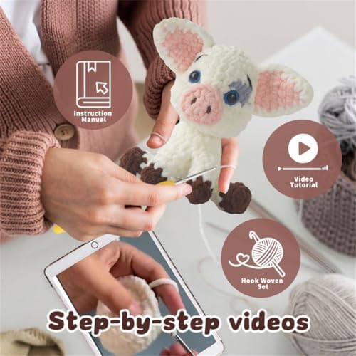 Linhao Jew Crochet Kit for Beginners – Knitting Kits Cute Animal Kitten Keychain with Pre-Started Easy Yarn, Step-by-Step Video Tutorials for Adults DIY Crafts (Pig) - Image 3