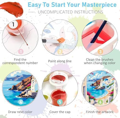 Mrnsiet Paint by Number for Adults Beginners, Easy Seaside Town Paint by Numbers Kits on Canvas, DIY Coastal City Oil Painting Kits Adults' Paint-by-Number Kits for Home Wall Decor 16x20 Inch - Image 7