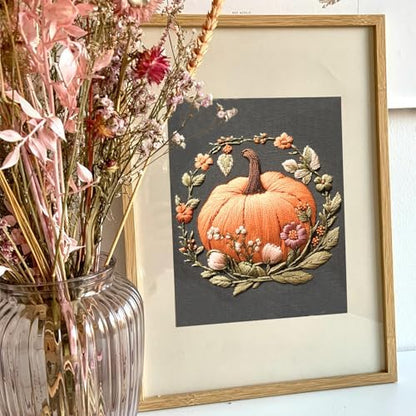 FONNUY Pumpkin Embroidery Kit for Beginners, Pre-Stamped Pattern Kits for Adults with Hoop, Easy to Follow Color Thread Needlework, 8'' Hoop (Orange) - Image 5