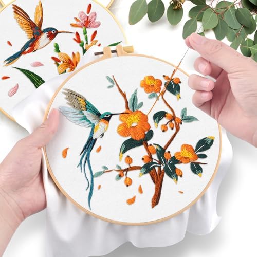ERKOON 3 Sets Embroidery Kit, Hummingbird Cross Stitch Set for Include Embroidery Cloth Hoops Threads for Craft Lover Hand Stitch (Hummingbird) - Image 5