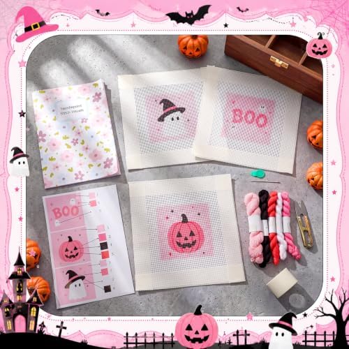 Chumia 3 Pcs Halloween Needlepoint Canvas Kit for Adult 13ct 8" x 8" - Image 5