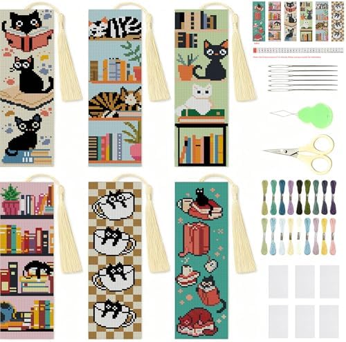 NEGEKFKX 6 Pcs Black Cat Cross Stitch Bookmark Kit for Adult Beginners by NEGEKFKX