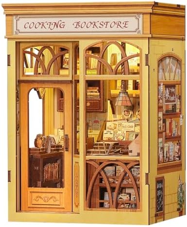 Cutefun Book Nook Kit - DIY Miniature Dollhouse Kit 3D Creative Decorative Bookend 3D Wooden Puzzle for Adults, Bookshelf Insert Library Decor with LED Light (Cooking Bookstore) by Cutefun
