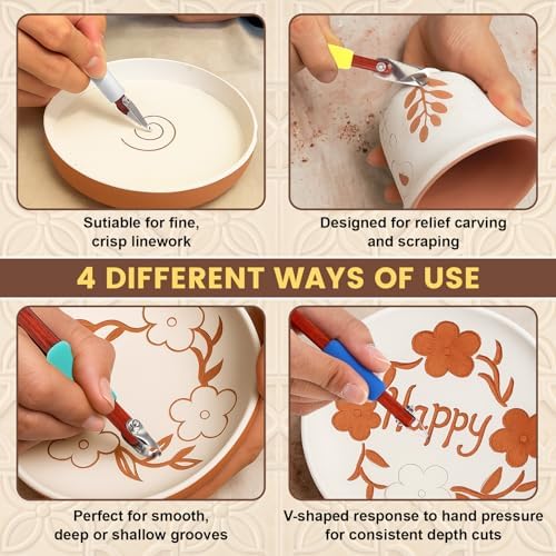 Lanties 4 Pcs Pottery Carving Tool Set Sculpture Scraper Craft Modelling Tools Red Pear Wood Texture Handle with Stainless Steel Blade for Clay Carving, Ceramic Sculpting, Graffito (Classic Color) - Image 5