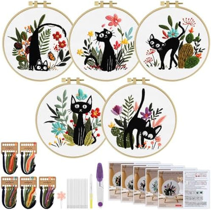 ERKOON 5 Sets Embroidery Kit for Beginners Adult Cat Cross Stitch by ERKOON