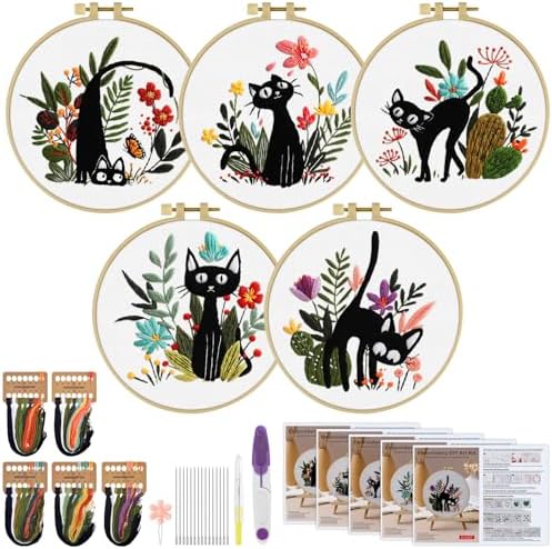 ERKOON 5 Sets Embroidery Kit for Beginners Adult Cat Cross Stitch by ERKOON