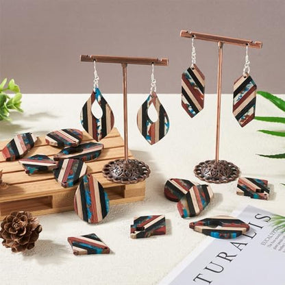 FASHEWELRY Striped Resin Wood Earrings Charms Rhombus Teardrop Kite Wooden Earring Blanks Earring Findings Wooden Earring Pieces for Jewelry Making, 52pcs/box - Image 2