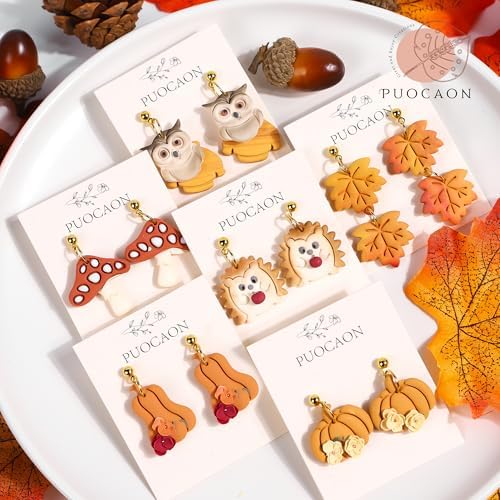 Puocaon Fall Polymer Clay Cutters - 15 Pcs Fall Themed Pumpkin Maple Leaf Mushroom Owl Fox for Earrings Jewelry Making Autumn Clay Earrings Cutters - Image 2