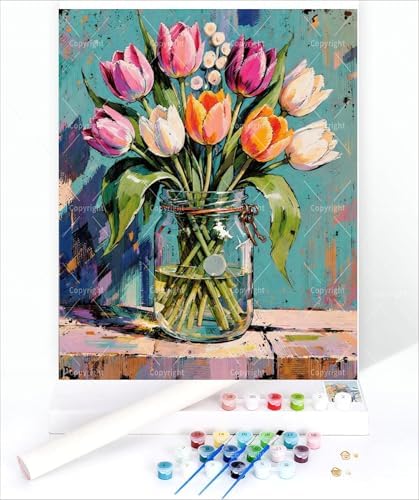 Sceorixa Tulip Paint by Numbers Kit for Adults – DIY Tulip Flower Bouquet- Jar Painting on Canvas 16x20 inch, Set for Beginners, Elegant Floral Art for Home Decoration or Gift, Unframed - Image 3