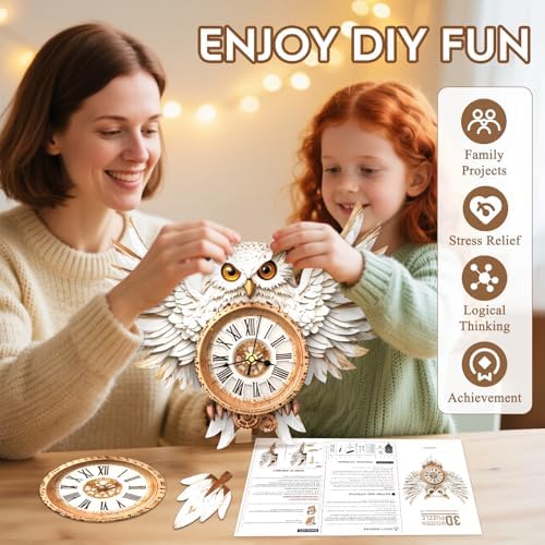 3D Puzzles for Adults Wooden Snowy Owl Clock Puzzle Adult Crafts - Image 4
