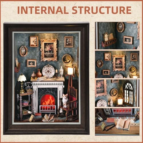 Book Nook Kit - 3D Wooden Puzzle with LED Switch Control & Wall-Mountable Frame,DIY Miniature House for Beginners,Bookshelf/Tabletop/Wall Decor for Craft Lovers,Dollhouse Gift,Fireplace - Image 4
