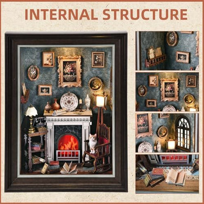 Book Nook Kit - 3D Wooden Puzzle with LED Switch Control & Wall-Mountable Frame,DIY Miniature House for Beginners,Bookshelf/Tabletop/Wall Decor for Craft Lovers,Dollhouse Gift,Fireplace - Image 4