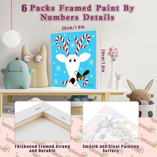 SYDYLH 6 Packs Framed Chrsitmas Paint by Numbers Kit for Kids Ages 8-12,Snowman Easy Acrylic Paint by Number Framed on Canvas,Number Painting Paint by Numbers Kit for Home Wall Decoe 8x8inch - Image 2