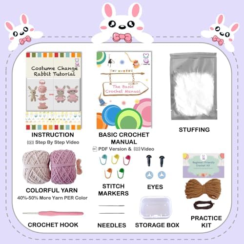 LoopMap Crochet Kit for Beginners – Amigurumi Crochet Animal Kit, Easy Starter Kit with Video Tutorial, Complete Crochet Kit with Extra Yarn, Gift for Adults & Teens (Bunny, Purple) - Image 3