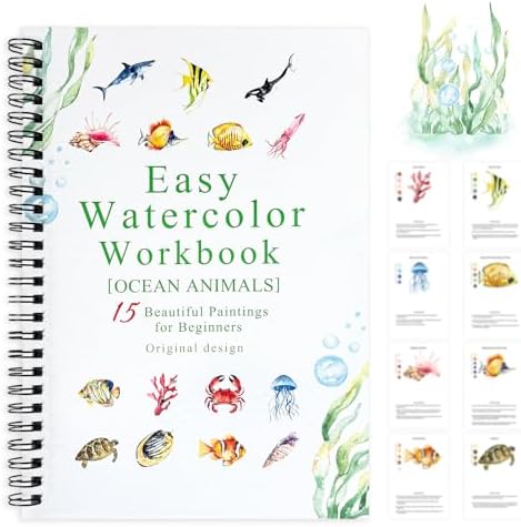 SLWBZ Watercolor Workbook Ocean Animals, 15 Different Patterns of Original DIY Designs, Beginner-Friendly Watercolor Workbooks, (Ocean Animals, Without Palette) by Unknown