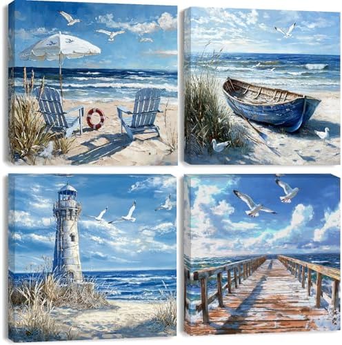 Clendo 4 Pack Beach Paint by Numbers Kit for Adults Beginners Framed - DIY Coast Adults Paint by Numbers Kits on Canvas, Small Easy Acrylic Oil Painting for Home Wall Decor (8 x 8 Inch) by Clendo