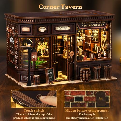 Book Nook Kit DIY Tavern 3D Puzzle Wooden Dollhouse with LED Lights - Image 3