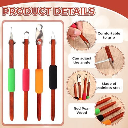 Lanties 4 Pcs Pottery Carving Tool Set Sculpture Scraper Craft Modelling Tools Red Pear Wood Texture Handle with Stainless Steel Blade for Clay Carving, Ceramic Sculpting, Graffito (Novel Color) - Image 3