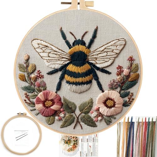 FONNUY Embroidery Kit for Beginners, Boho Floral Bee Pre-Stamped Pattern Kits for Adults with Hoop, Easy to Follow Color Thread Needlework, 8'' Hoop (Honeybee A002) by FONNUY