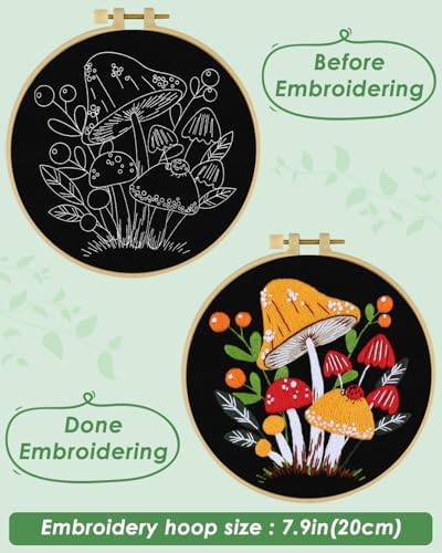 ERKOON Embroidery Kit for Beginners, Flower Cross Stitch Set for Include Embroidery Cloth Hoops Threads for Craft Lover Hand Stitch with Embroidery Skill Techniques (Mushroom) - Image 3