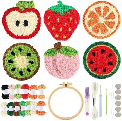 Justforjoyful 6 Set Punch Needle Embroidery Coasters Craft Kits Punch Needle Refrigerator Magnets Kit Tool Threader Fabric for Christmas Winter Beginners Adults DIY Handmade Gifts Party(Fruit) by Justforjoyful
