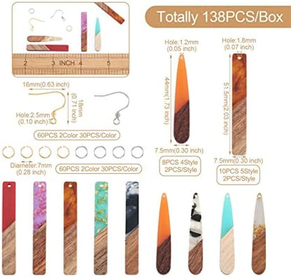 FASHEWELRY 18Pcs Wood Resin Earrings Charms Long Drop & Bar Shape Wooden Earring Blanks Earring Findings for Earrings Jewelry Making Kit with 120Pcs Earring Hooks & Jump Rings - Image 5