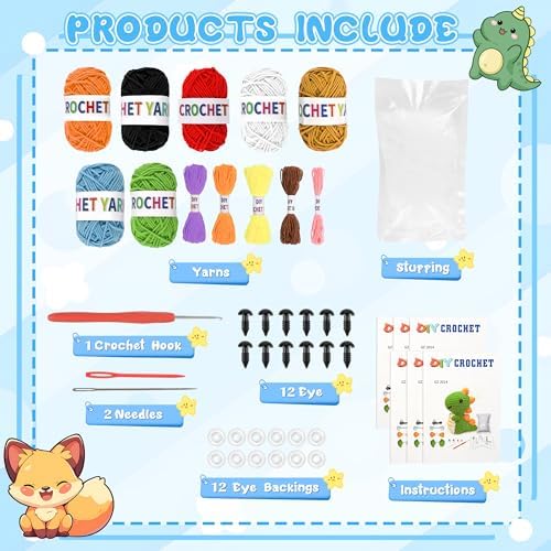 HUASHILUO 8Pcs Crochet Kit for Beginners, DIY Craft for Adults and Kids, Great Birthday Gift for Crochet Lovers and Kids, Crocheting Animal Kits with Step by Step Videos,Yarn,Crochet Hook - Image 2