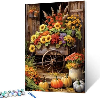 Tucocoo Colorful Flowers Float Paint by Number Rural Fall Harvest Scenery DIY Painting on Canvas with Brushes Acrylic Paints Paint by Numbers for Adults and Kids Beginner 16x20 Inch（DIY Frame） by Tucocoo