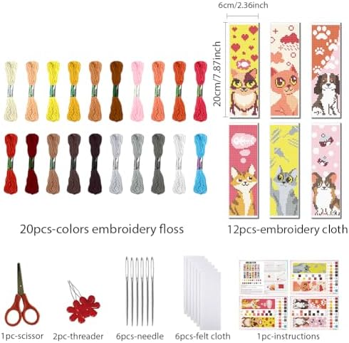 FREEBLOSS 12 Set Cross Stitch Bookmark Kits Colorful Pet Pattern Stamped Cross Stitch Kit 11CT Embroidery Kit with Instructions for Beginners 8 * 2.4inch - Image 2