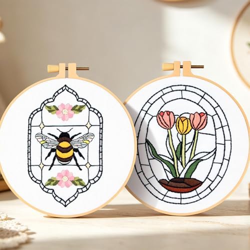 Armindou Flowers Bee Embroidery Kits for Beginners Adults, Floral Hand Embroidery Set Needlepoint DIY Kits, Stamped Cross Stitch Kits for Beginners Adults, 2 Embroidery Hoops (Attached Video Tutorial) - Image 7