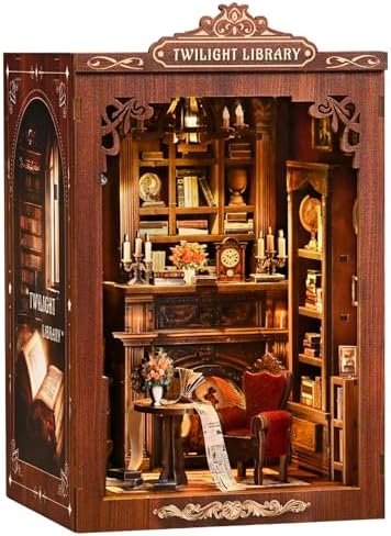 Library Book Nook Kit, DIY Miniature House Kit with LED, Vintage Study Bookshelf Decor, 3D Wooden Puzzle Craft, Gifts for Readers, Adults, Teens, Beginners (Twilight Library) by Reenovan