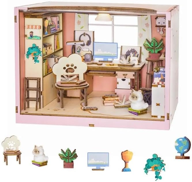 DIY Miniature House Kit-Study Room, 3D Wooden Puzzles with LED Light by RnfinewowWoodenPuzzles
