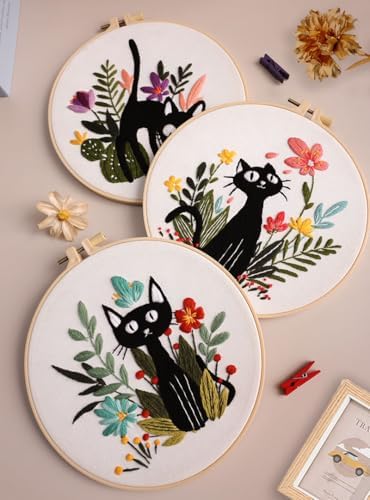 Konrisa 3pcs Embroidery Kits for Beginners Creative Black Cat and Flower Pattern Cross Stitch Practice Kit DIY Sewing Needlepoint, Include 1pcs Hoop - Image 5