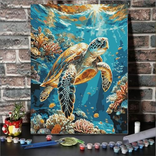Lovepefe Sea Turtle Paint by Numbers Kit for Adults with Framed Oil Painting Kit Beginner Turtle DIY Painting Kits for Adults Paint By Number On Canvas for Gift Home Wall Decor 12x16 Inch - Image 2