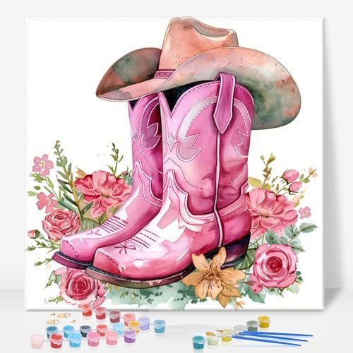 Framed Paint by Numbers Kit for Adults, Pink Cowboy Boots, 10 x 10 Inch by GEEHEIY