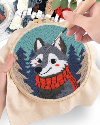ERKOON Punch Needle Kit for Beginners Adults, DIY Easy Animal Embroidery Set for Starter Art Craft, Needling Punch Project with Patterns, Tools, Yarns, Hoop, Instruction (Wolf) - Image 5