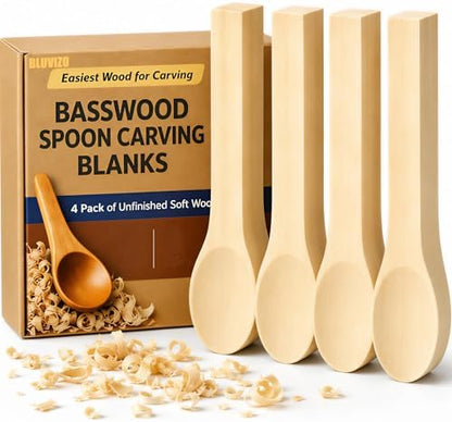 Basswood Spoon Carving Blanks 4 Pack: Soft Wood Spoon Kit for Whittling by YourTrustedCompanionontheCarvingJourney
