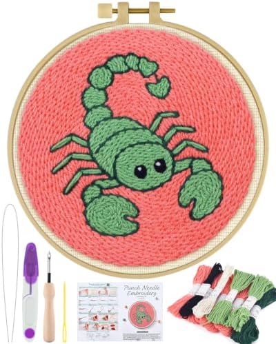 ERKOON Punch Needle Kit Beginners Adults, Zodiac Easy Embroidery Set for Starter Art Craft, Needling Punching Project with Patterns, Tools, Yarns, Hoop, Instruction (Scorpio) by ERKOON