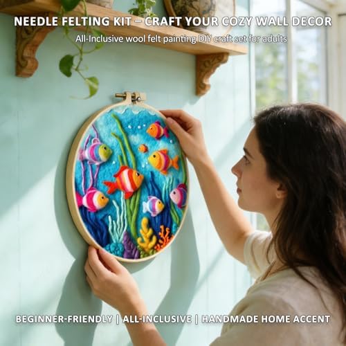 Zovylks Needle Felting Kit for Adults, 7.9 Inch Wool Felt Painting DIY Craft Set for Beginners, Needle Felt Starter Kit with Picture Frame, Foam Pad, Finger Cot (Goldfish) - Image 4