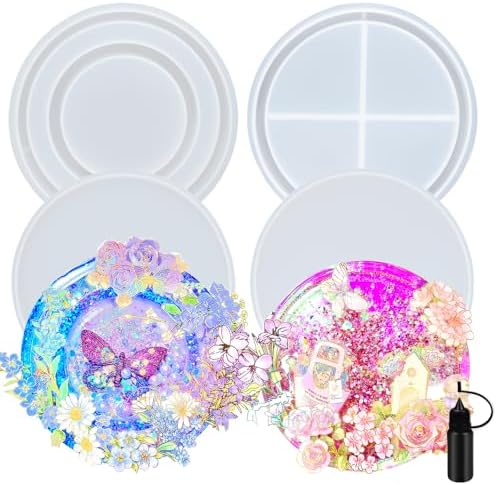 Resin Shaker Molds Set Large Round and Ring Coaster Pack of 3 Epoxy Silicone Trays Precision Tip Applicator Bottle Kit Bundle by FUNSHOWCASE