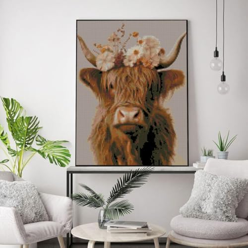 Stamped Cross Stitch Kits for Adults Beginners, Cow Flowers Easy DIY Counted Cross Stitch Kit Printed Patterns Dimensions Needlepoint Art Crafts Embroidery Kits for Home Wall Decor 15.7x11.8 inches - Image 6