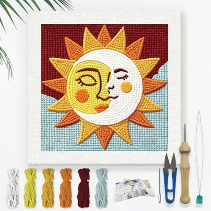 Doodlream Sun and Moon Needle Kit for Beginner, 9.4"x 9.4" Cartoon Face Punch Stitching Craft Set, Color DIY Embroidery Starter with Printed Frame, Instruction, Threader, Yarn, Pinch Needle by Doodlream