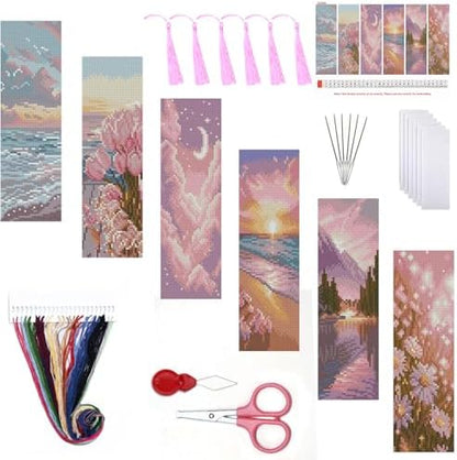 6PC Pink Beach Stamping Cross Stitch Kit for Adult Beginners,Scenery Counting Cross Stitch Kit Bookmarks Stamped Bookmark Embroidery Kit with Instructions Full Line DIY CrossStitch Patterns 8''x2.4'' by Paintcolordiamondpainting
